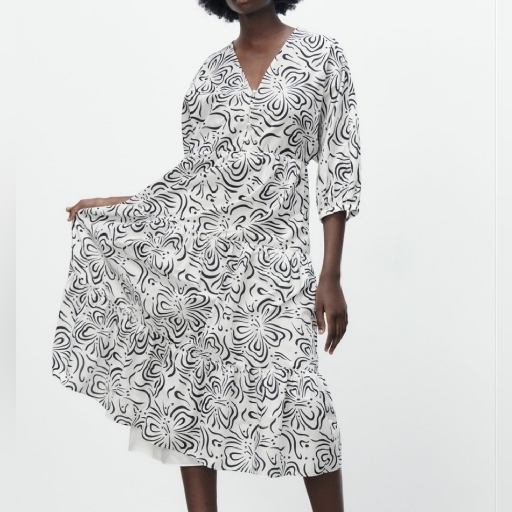 Zara Tiered Black And White Midi Dress Size XS